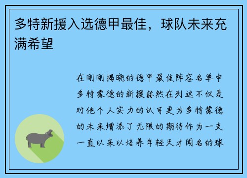 多特新援入选德甲最佳，球队未来充满希望