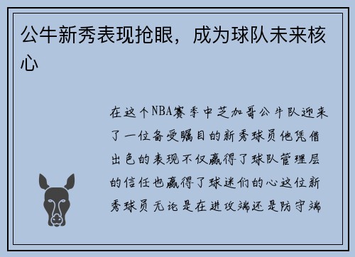 公牛新秀表现抢眼，成为球队未来核心
